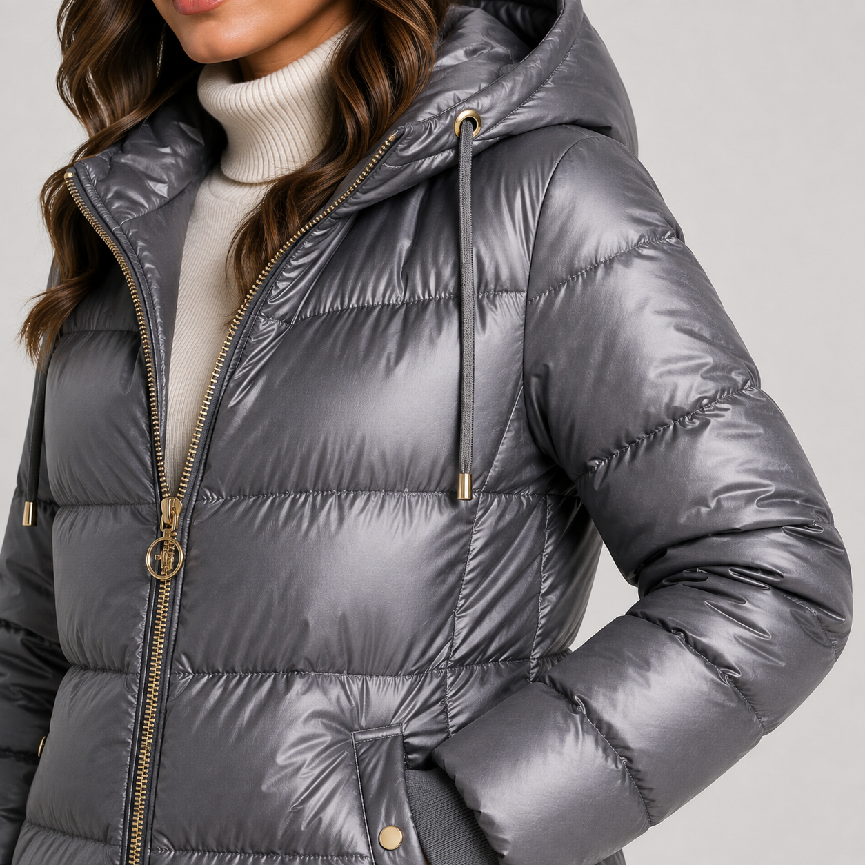 A close-up of a woman wearing a shiny dark gray hooded puffer jacket over a cream ribbed turtleneck sweater. The jacket features horizontal quilting, a front zipper with a decorative gold-tone pull, and drawstrings.