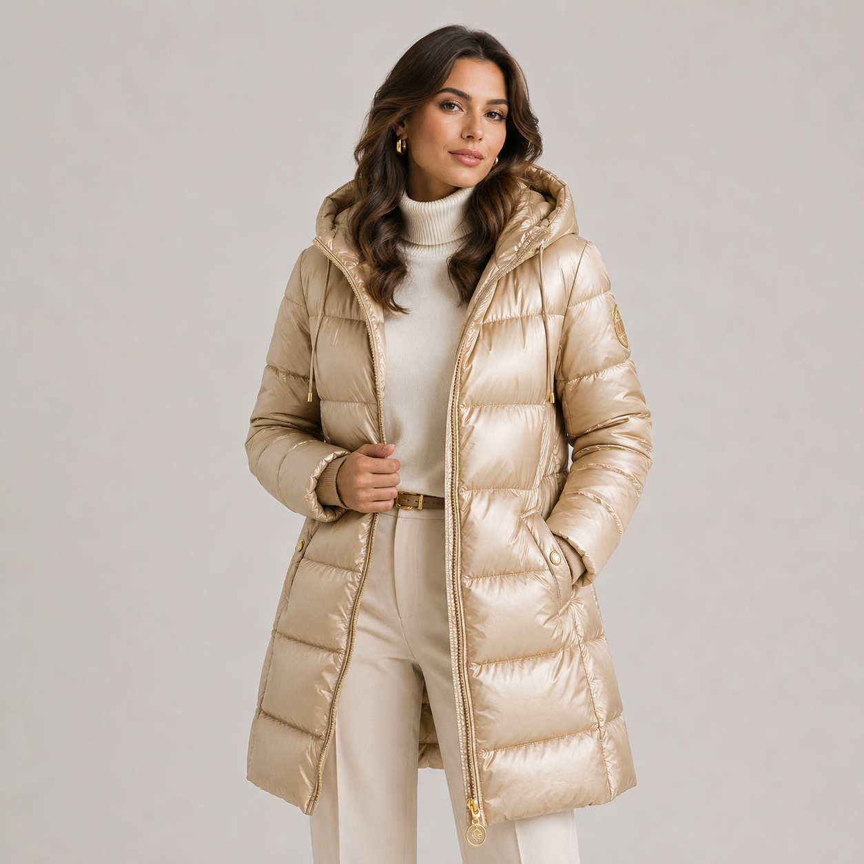 A woman wearing a shiny champagne-gold hooded puffer jacket over a cream turtleneck and cream trousers, standing against a light gray studio background.