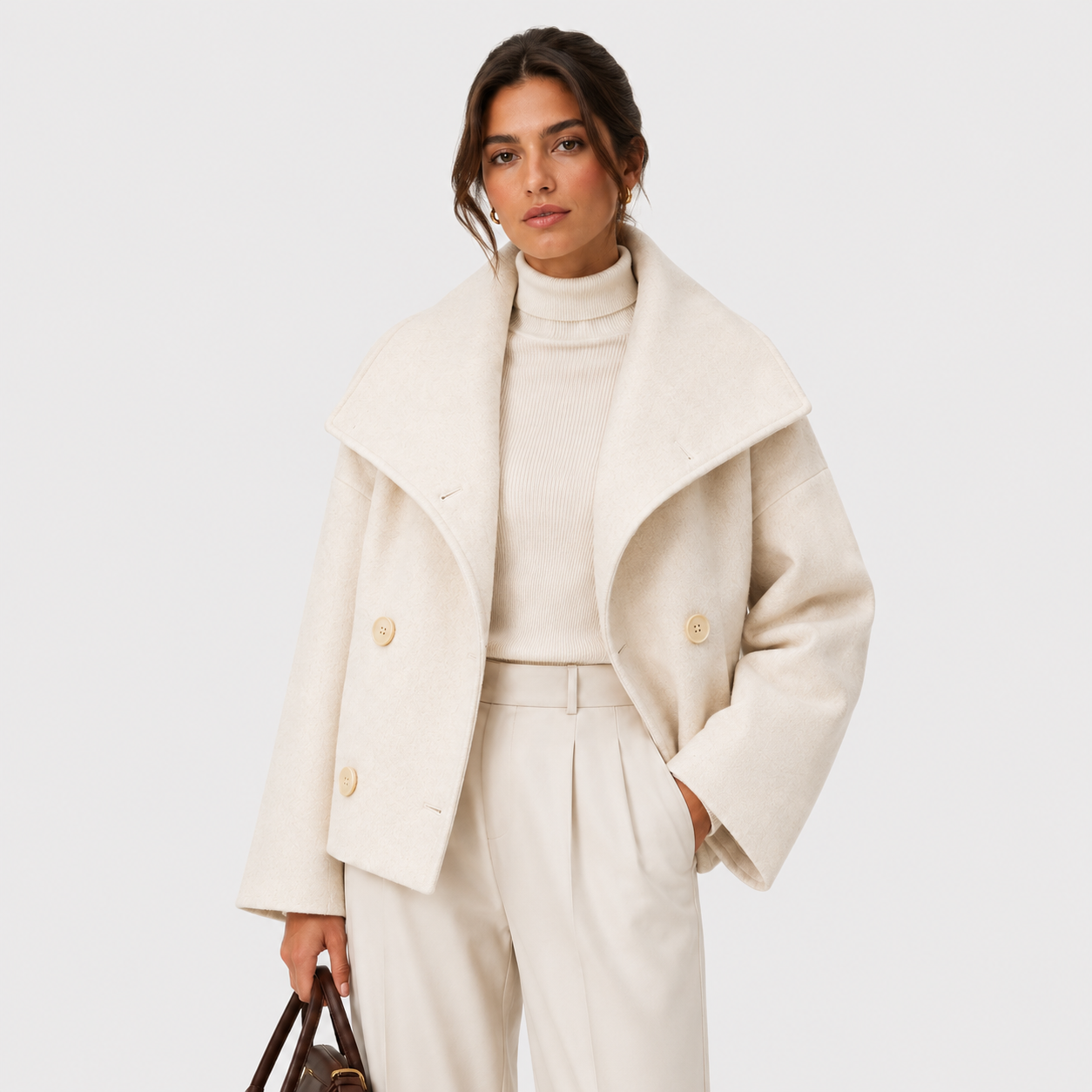 A woman modeling a cream-colored double-breasted coat with a large shawl collar, worn over a matching cream turtleneck and trousers, holding a dark brown handbag against a plain light gray background.
