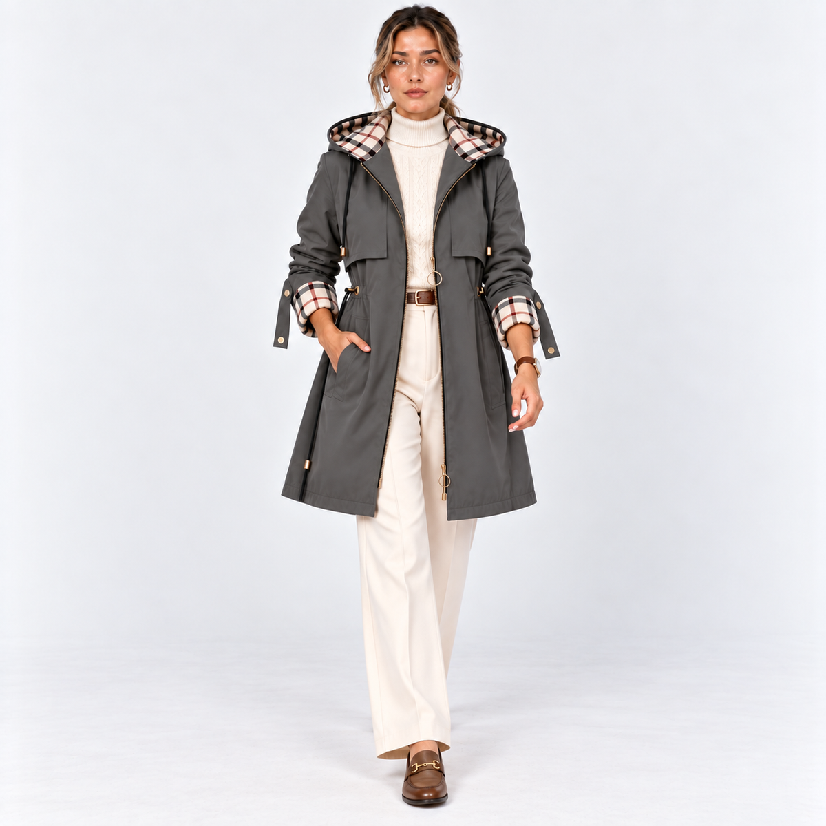 A woman models a dark gray trench coat with a beige and brown plaid lining on the collar and cuffs, worn over a cream turtleneck and cream wide-leg trousers, against a light gray studio background.