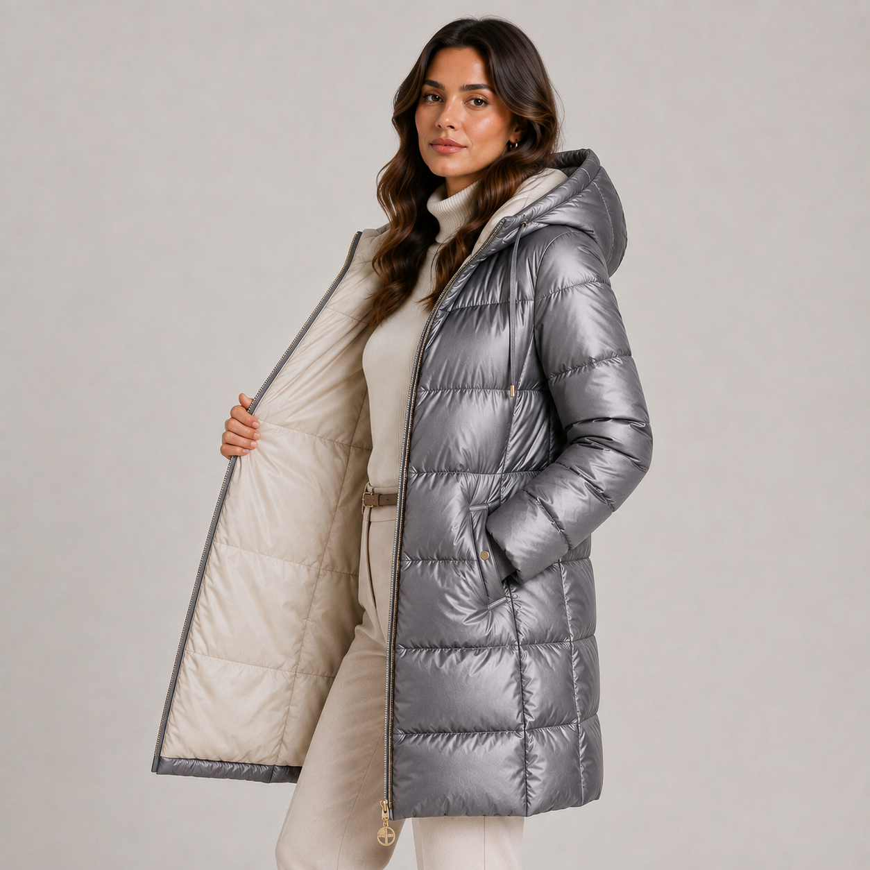 A woman models a shiny silver hooded puffer coat with a cream quilted lining, shown against a neutral light gray studio background.