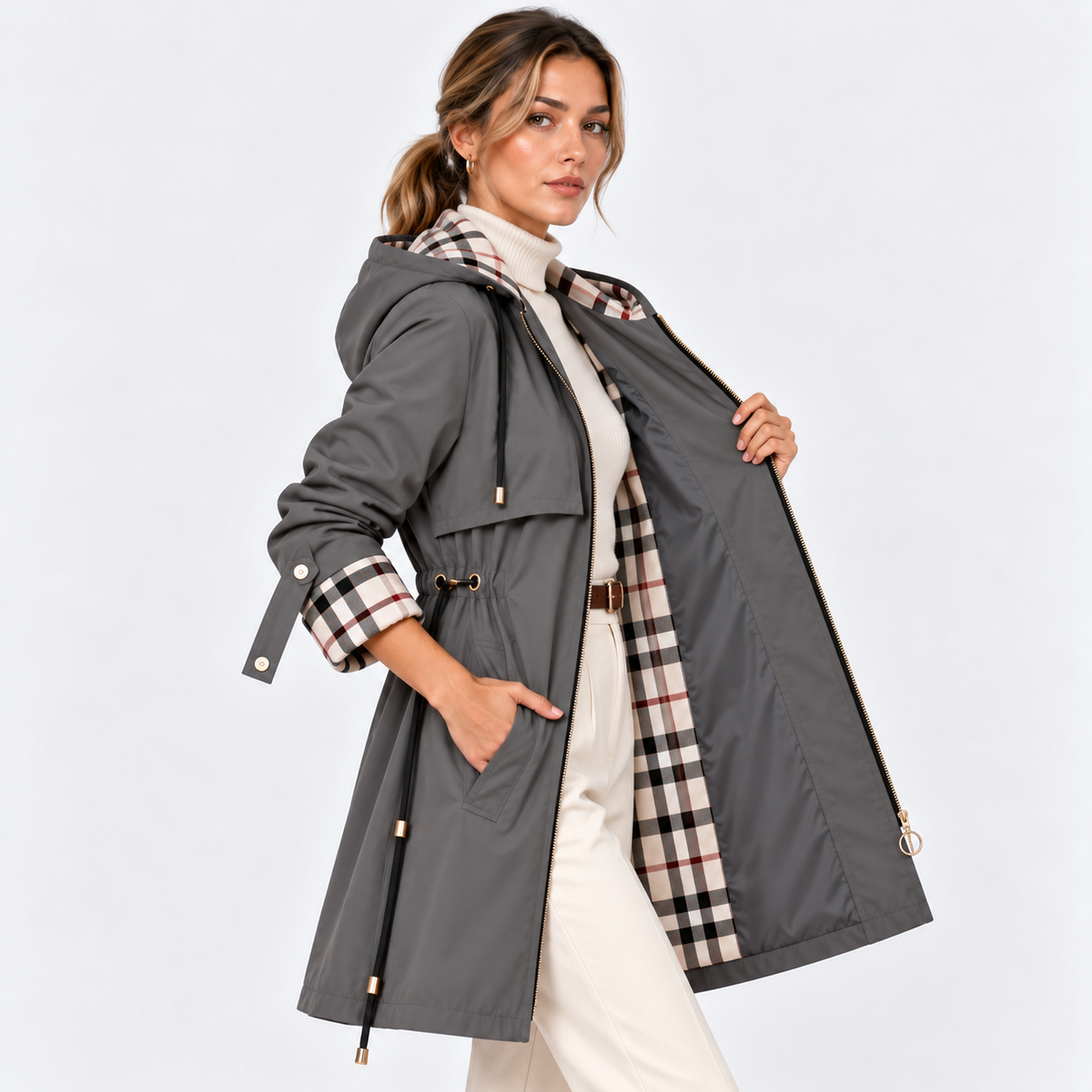 A woman models a gray hooded raincoat with a beige, black, and white plaid lining. She is wearing a white turtleneck and white trousers, posing against a light gray studio background.