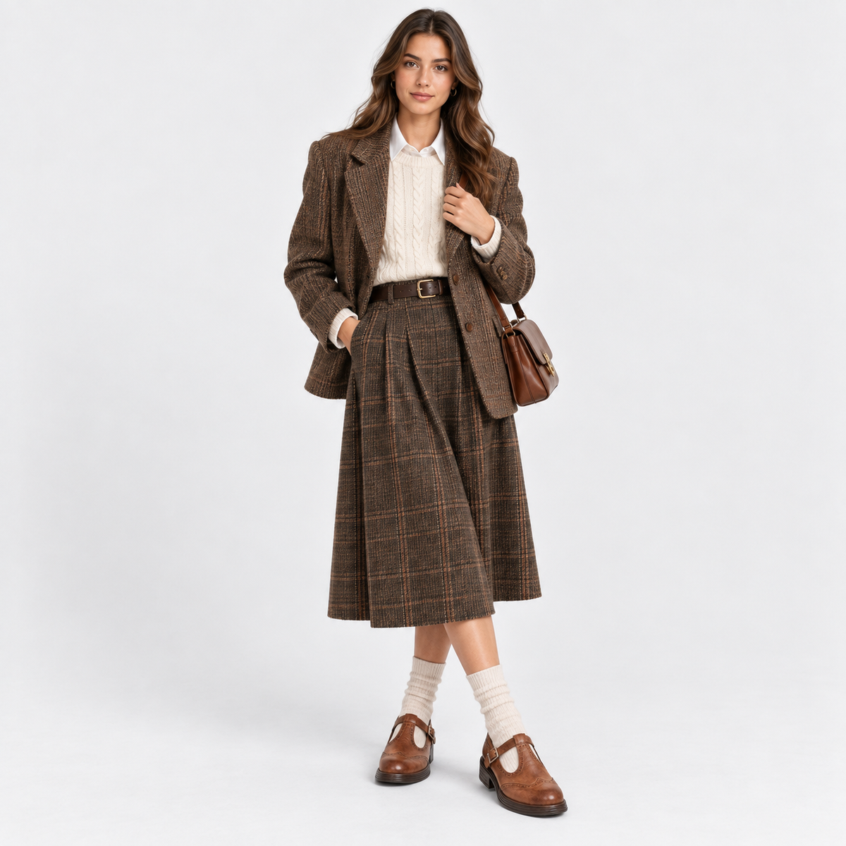 A woman models a brown plaid skirt suit consisting of a blazer and a pleated midi skirt, styled with a cream knit shirt, brown leather shoes, white socks, and a brown handbag against a light gray studio background.