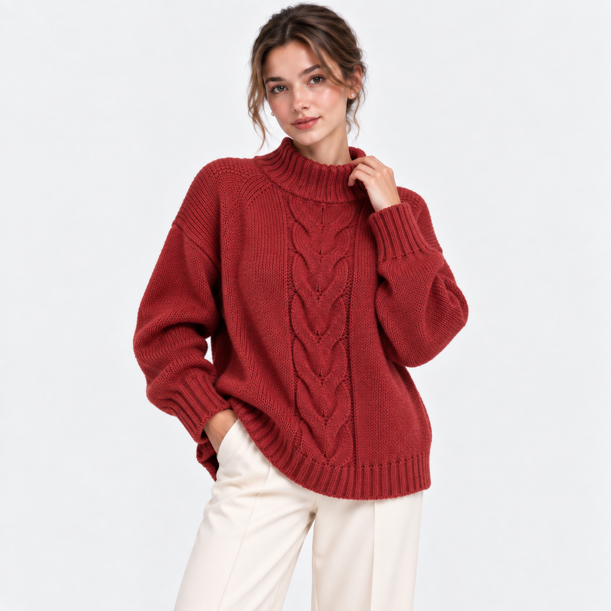 A woman wearing a rust-red cable-knit mock-neck sweater and cream trousers, standing against a plain white studio background.