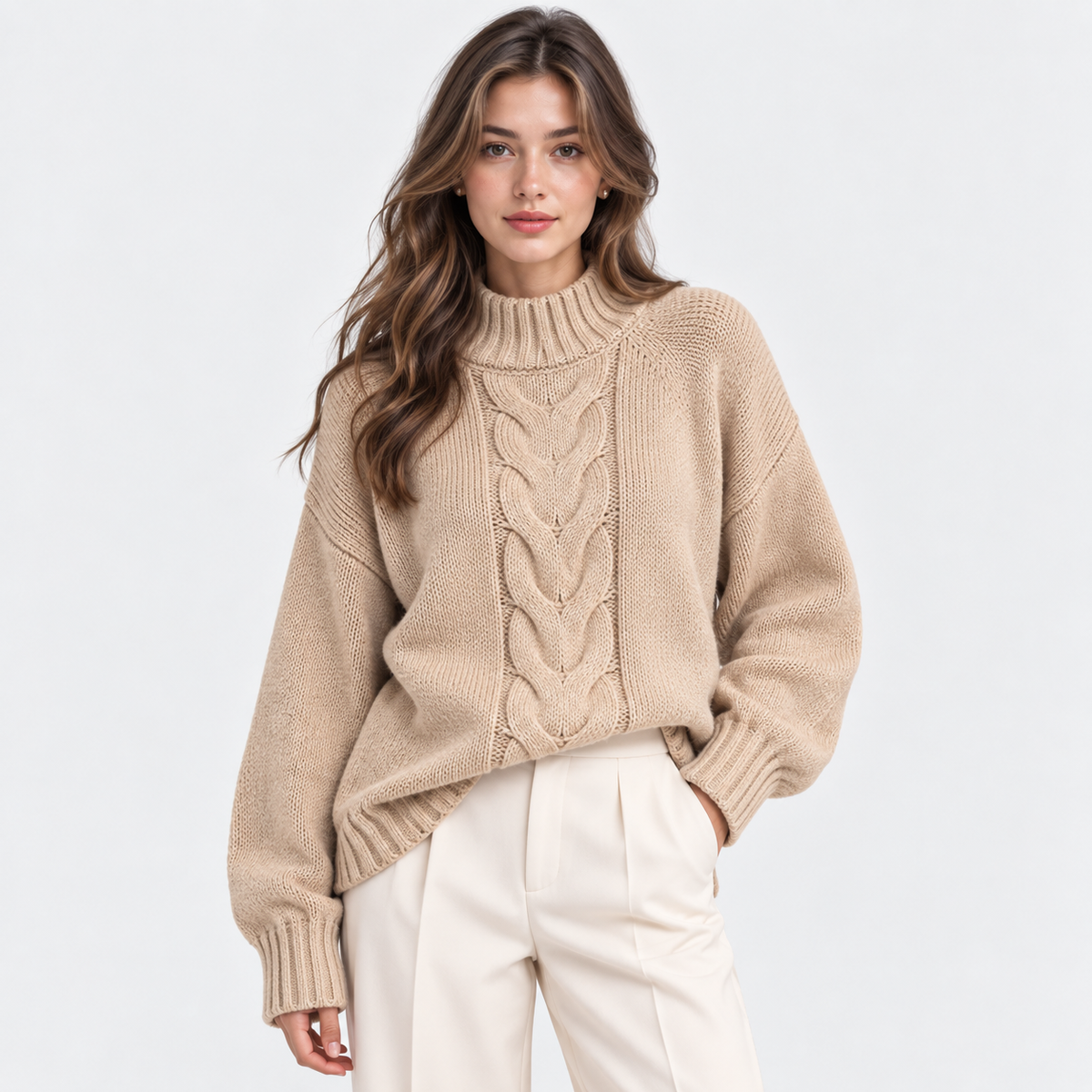 A woman wearing a beige cable-knit mock neck sweater and cream-colored trousers, standing against a solid light gray background.