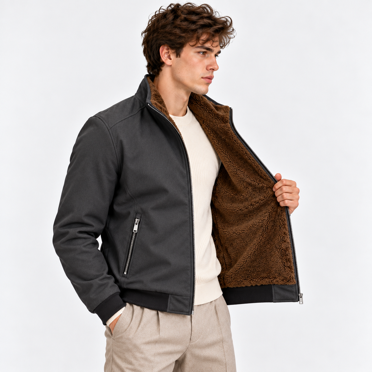 Side view of a man wearing a charcoal gray bomber jacket with brown corduroy lining