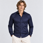 Men's navy blue long sleeve button-down shirt with classic collar and slim fit