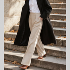 Person wearing a black coat, white shirt, beige pants, and brown shoes on stone steps.