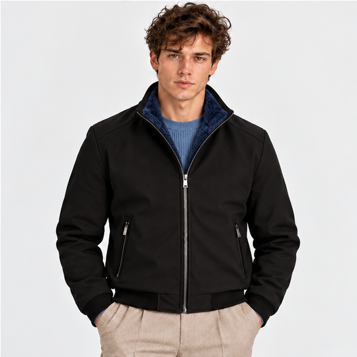 Men's black zip-up bomber jacket styled with a blue shirt and beige trousers
