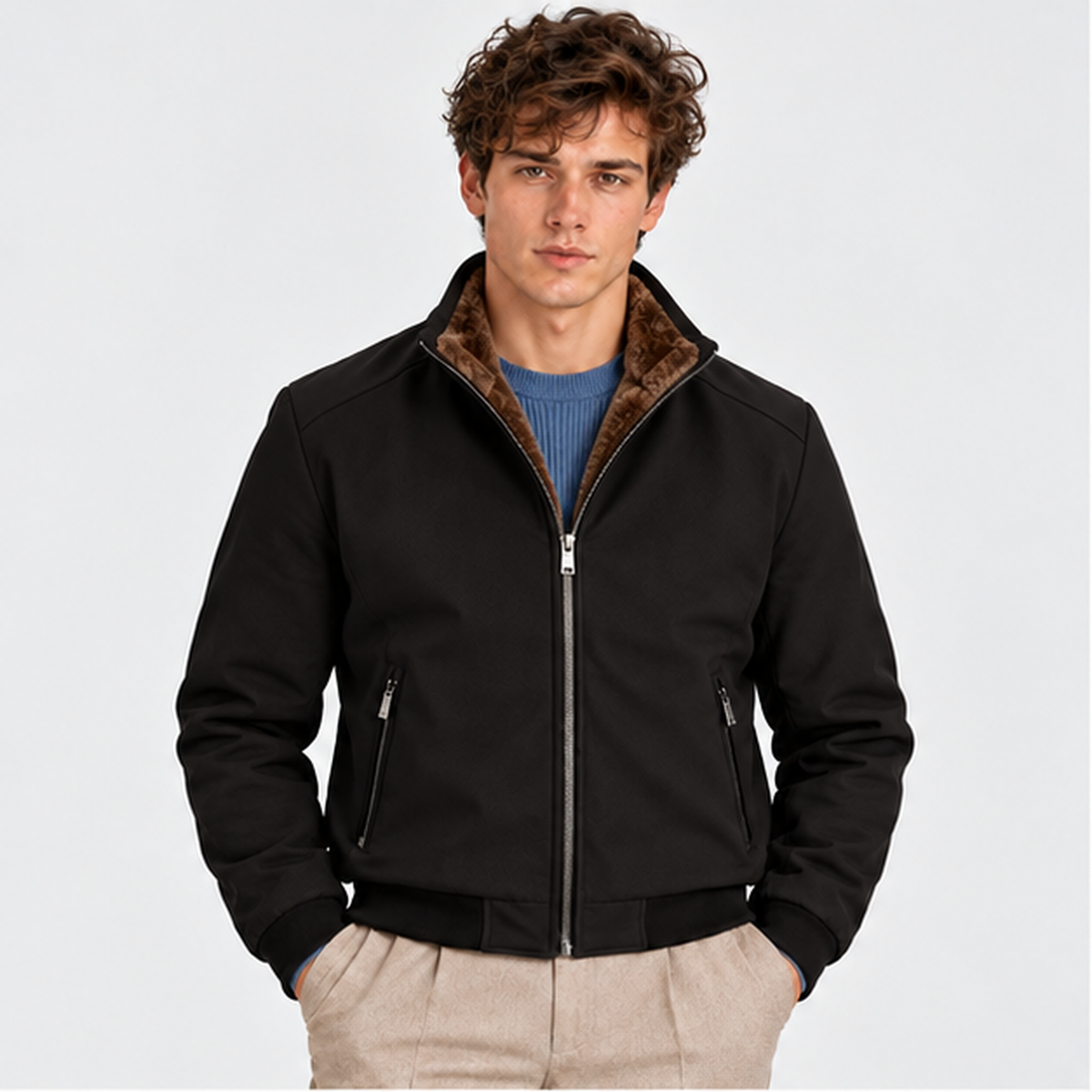 Men's black bomber jacket with brown corduroy collar, front zipper, and side pockets