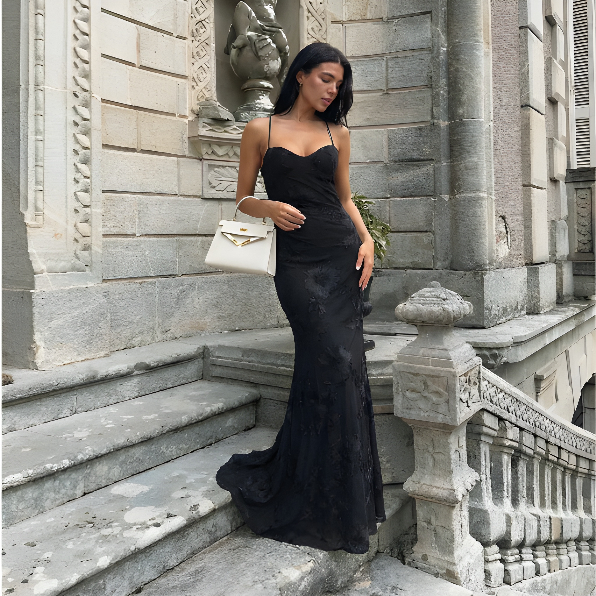 Woman in a black evening gown standing on stone steps with a white handbag.