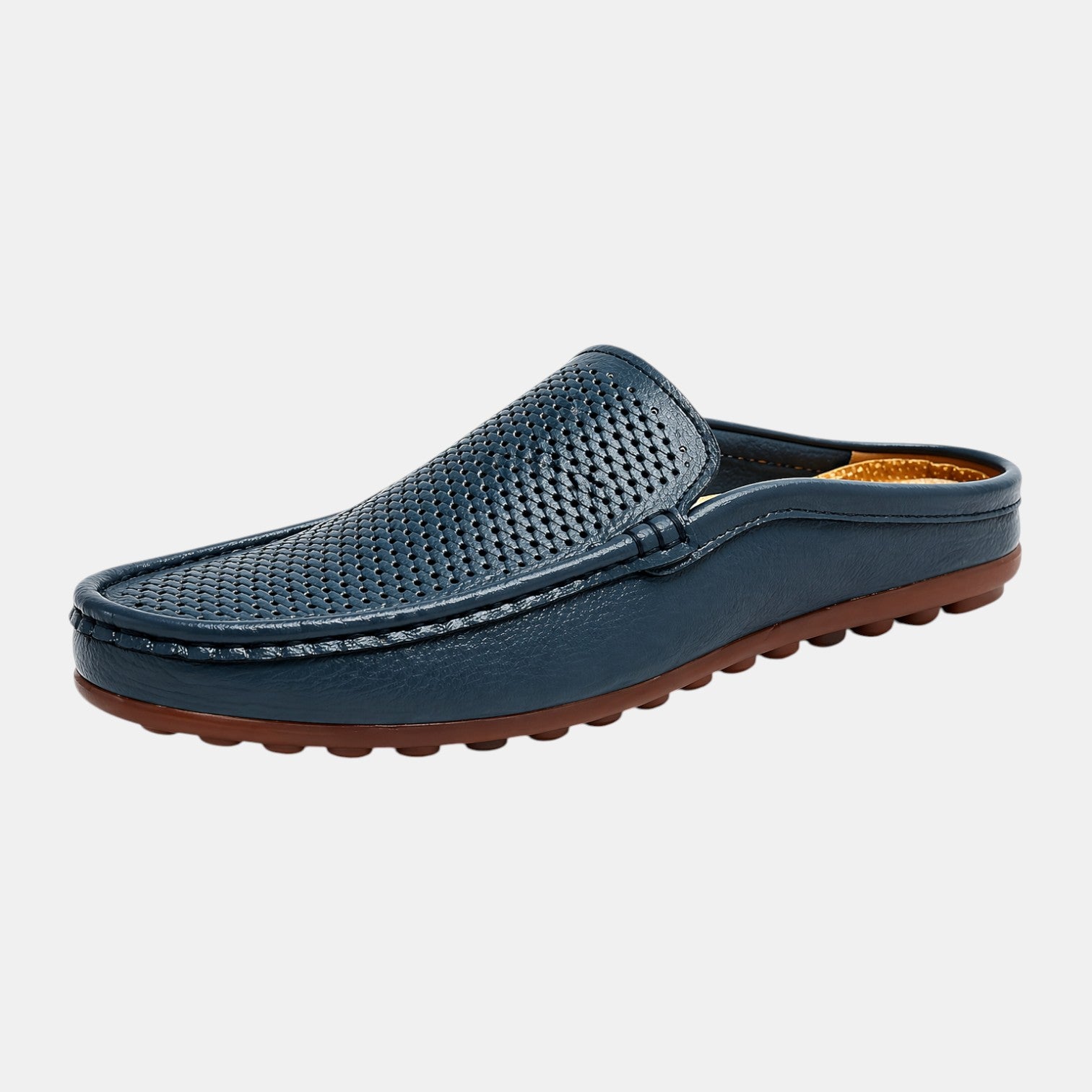 Blue slip-on shoe with textured surface on a light gray background