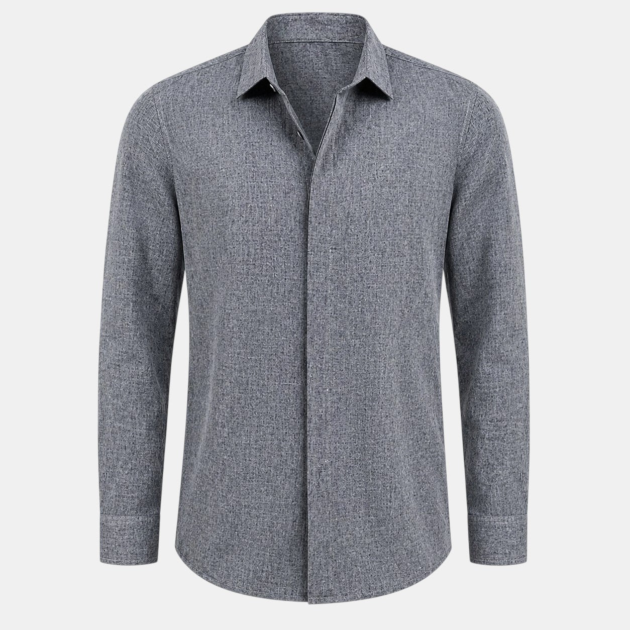 Gray button-up shirt on a white background