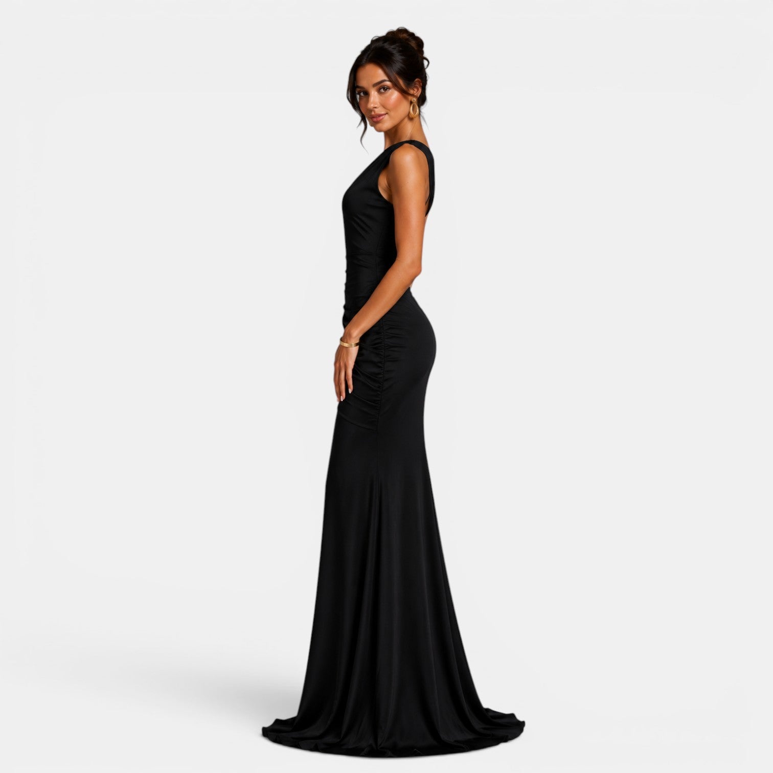 Woman wearing a black evening gown on a white background