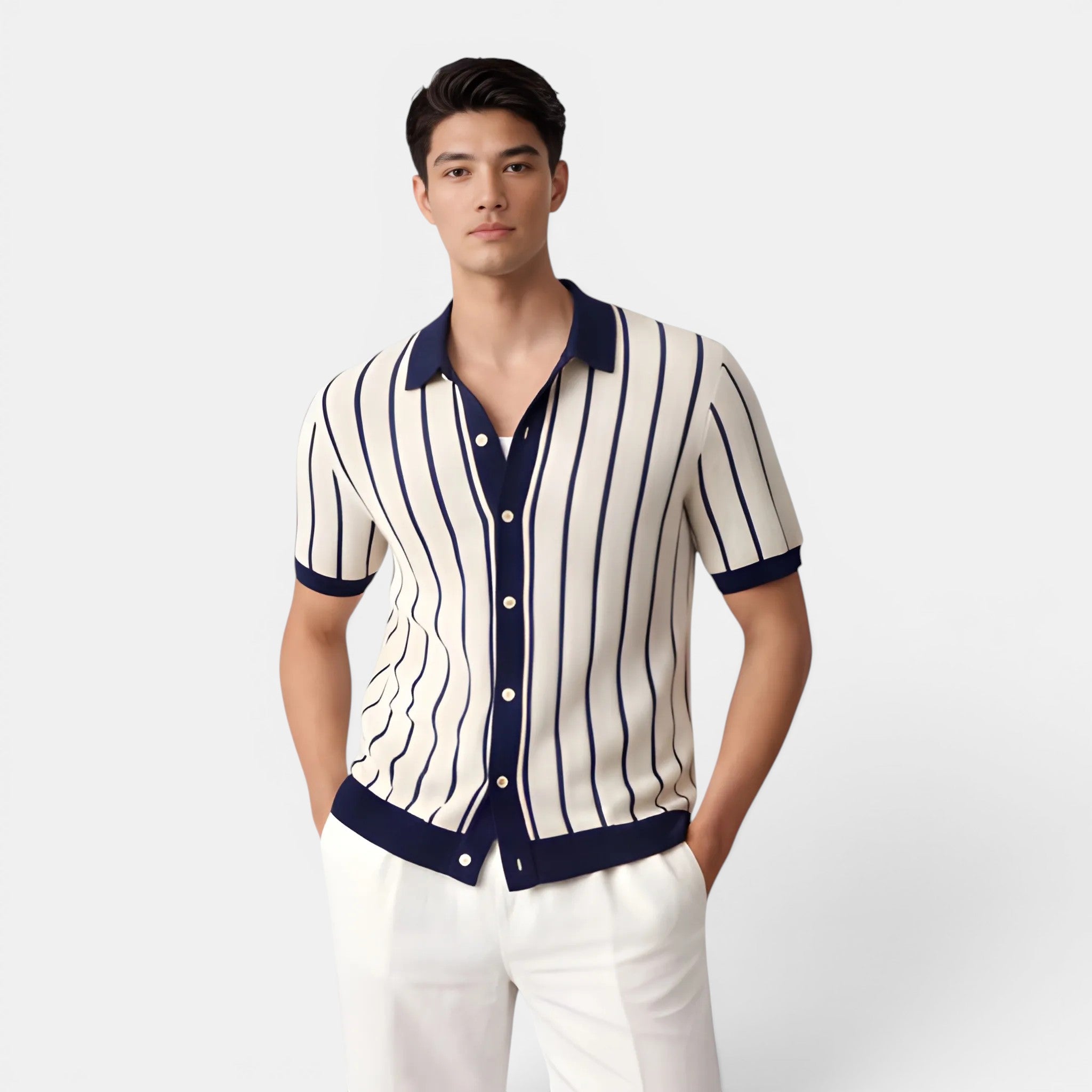 Man wearing a striped shirt with a collar on a white background