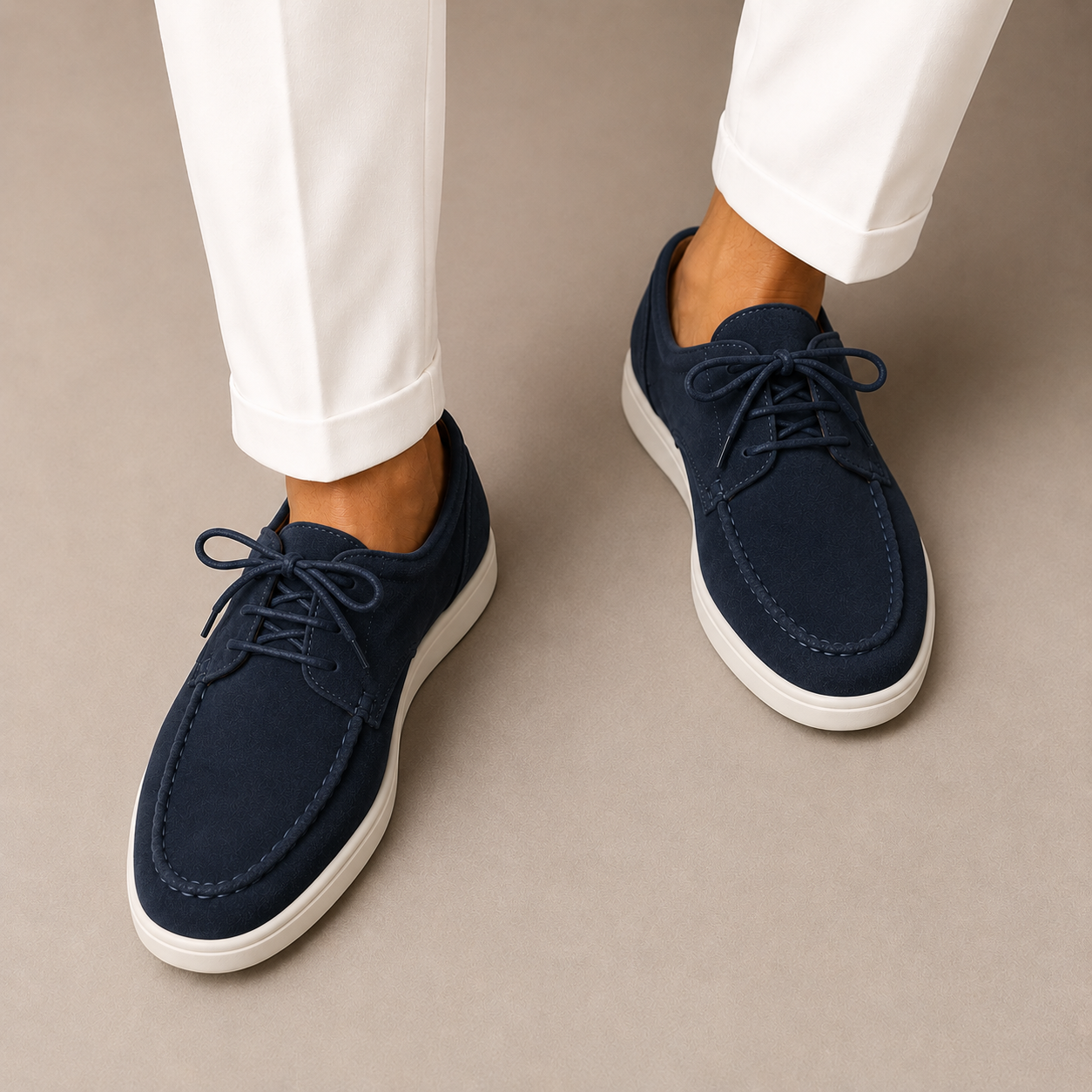 Navy blue loafers with white soles worn with white pants on a beige background