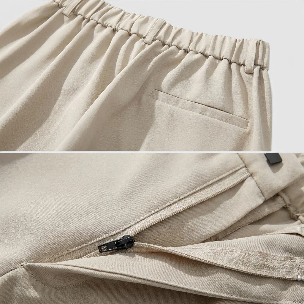 Close-up of beige pants with elastic waistband and zipper detail on a light gray background