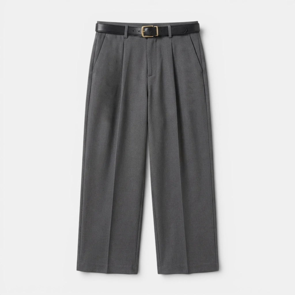 Gray pleated pants with a belt on a light gray background