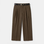 Brown pleated pants with a belt on a white background