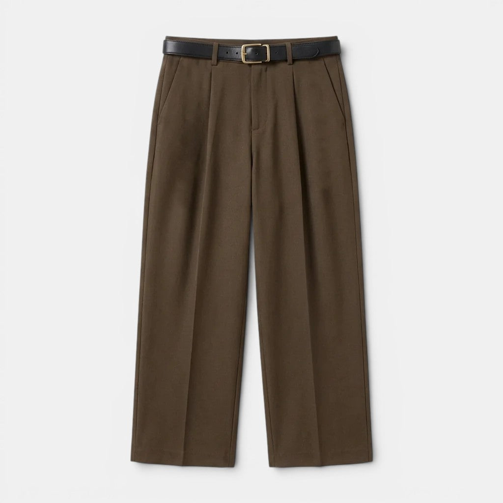 Brown pleated pants with a belt on a white background