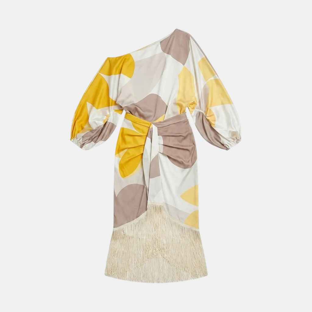 Colorful dress with geometric pattern on a white background