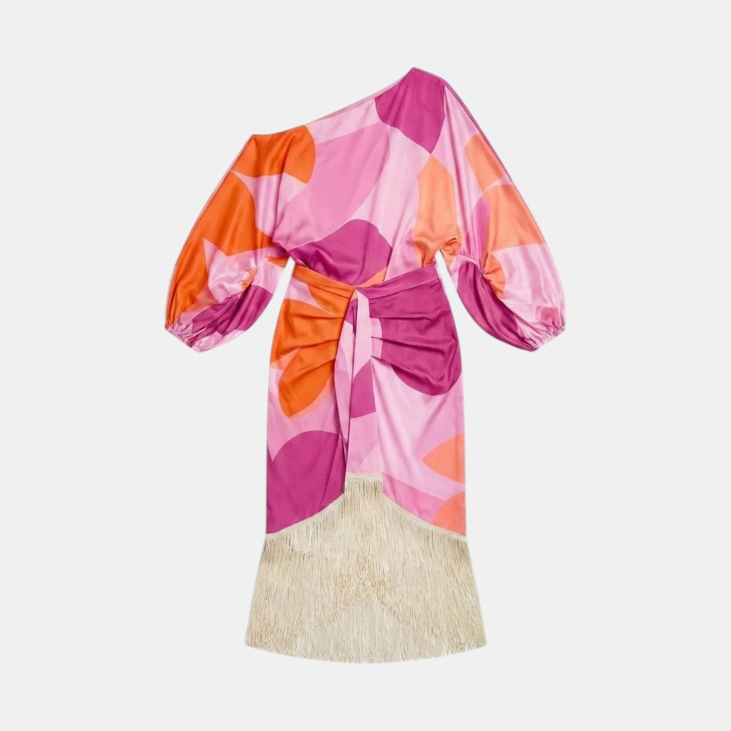 Colorful dress with abstract pattern on a light gray background