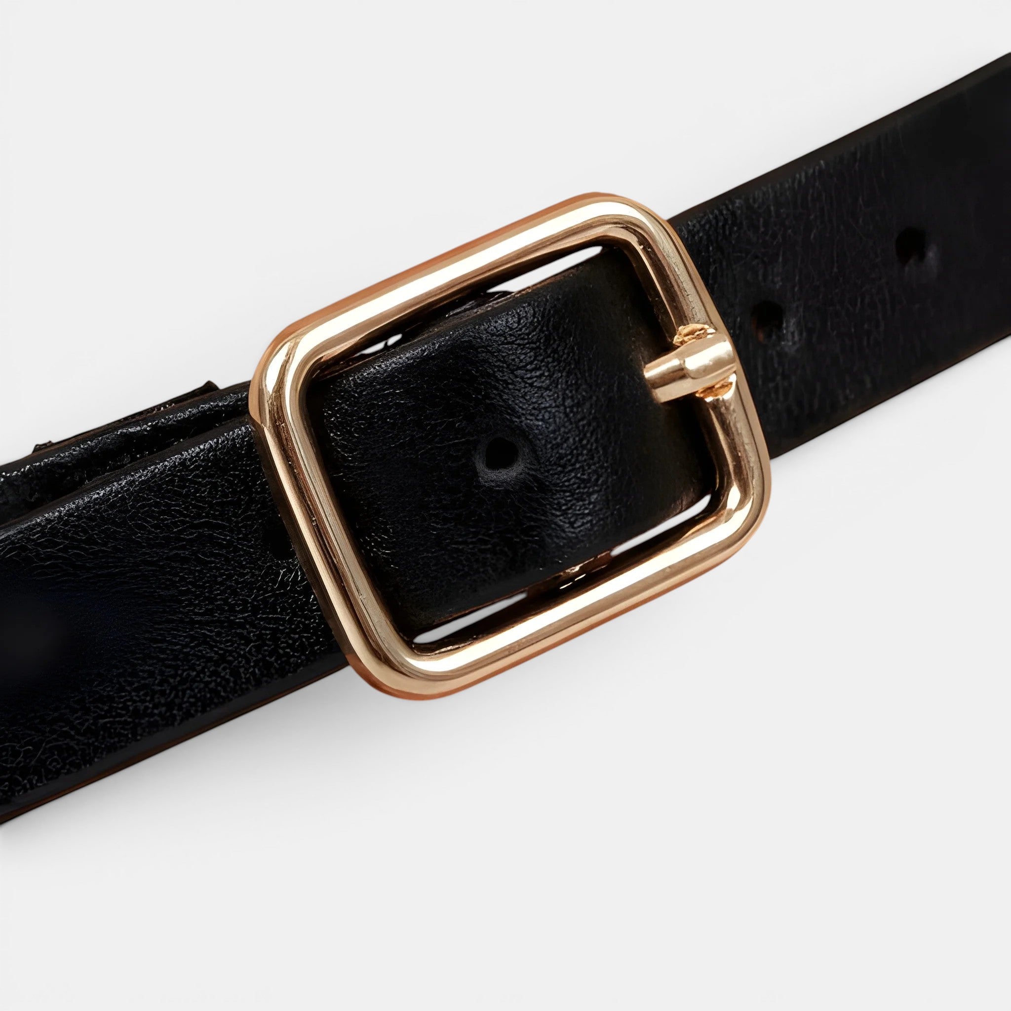 Black belt with a gold buckle on a light gray background