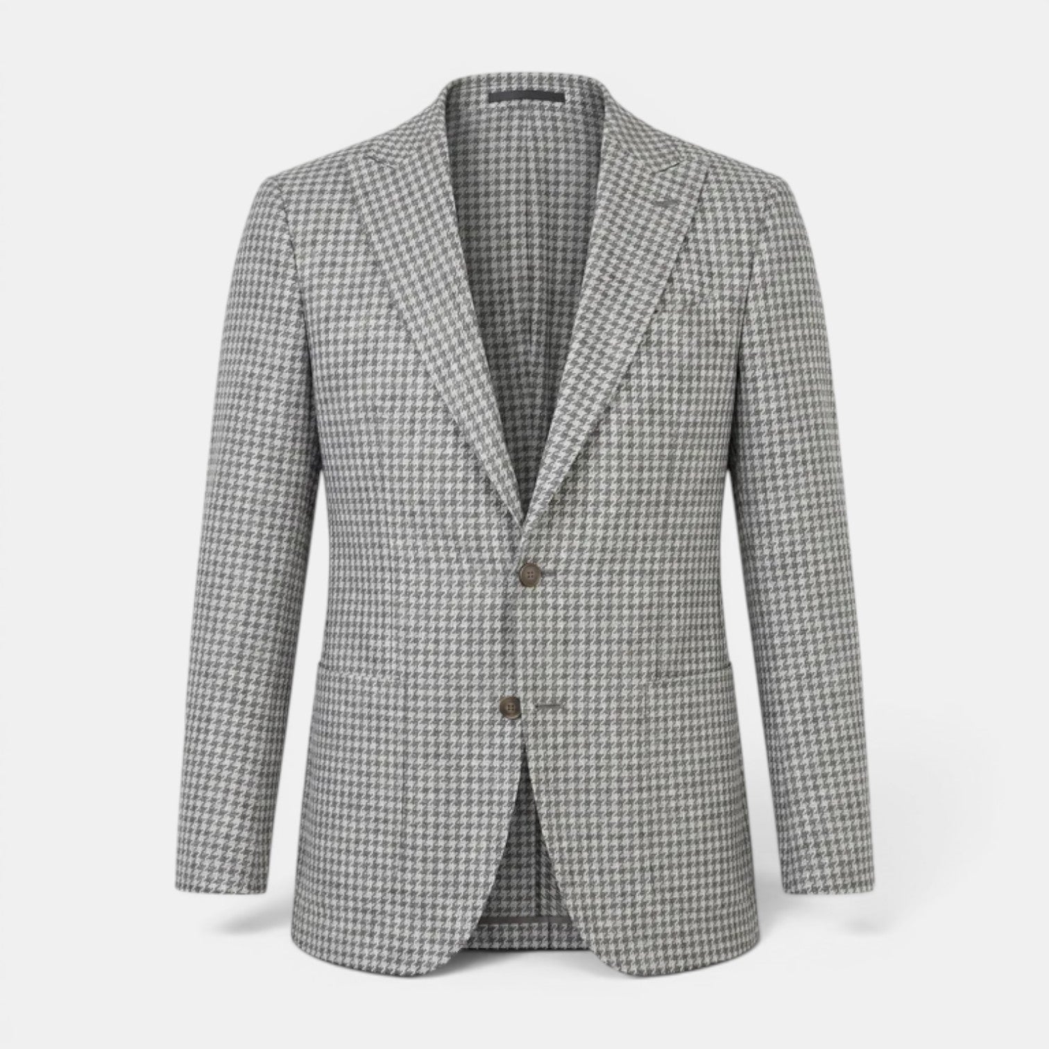 Men's gray houndstooth blazer with a classic two-button design.