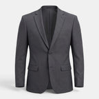 Men's charcoal gray single-breasted suit jacket with notch lapels and flap pockets.