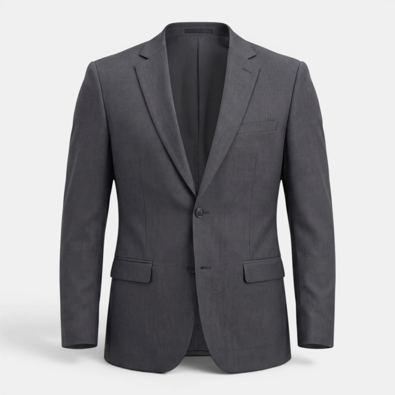 Men's charcoal gray single-breasted suit jacket with notch lapels and flap pockets.