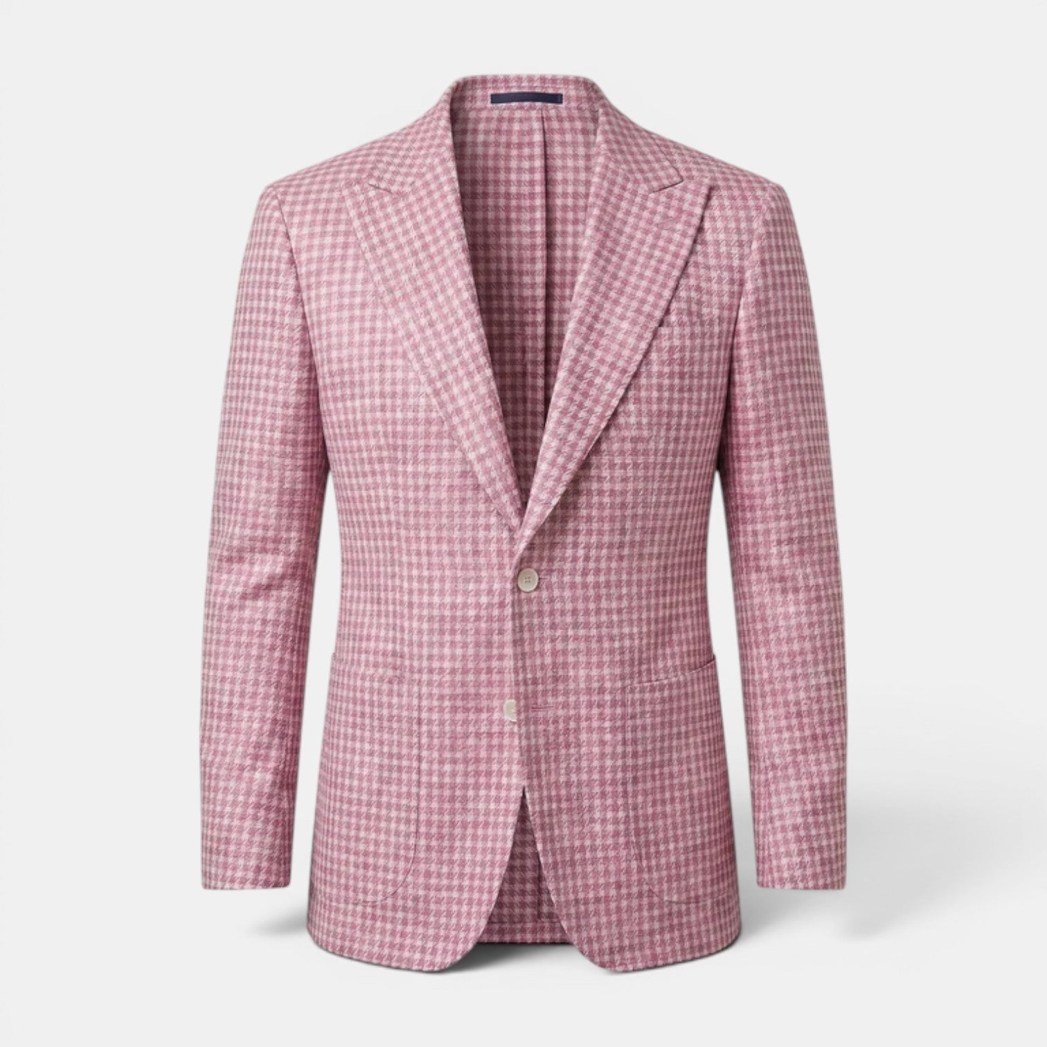 Men's pink houndstooth blazer with a classic two-button design.