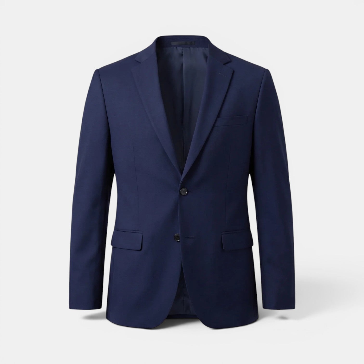 Men's navy blue single-breasted suit jacket with notch lapels and flap pockets.