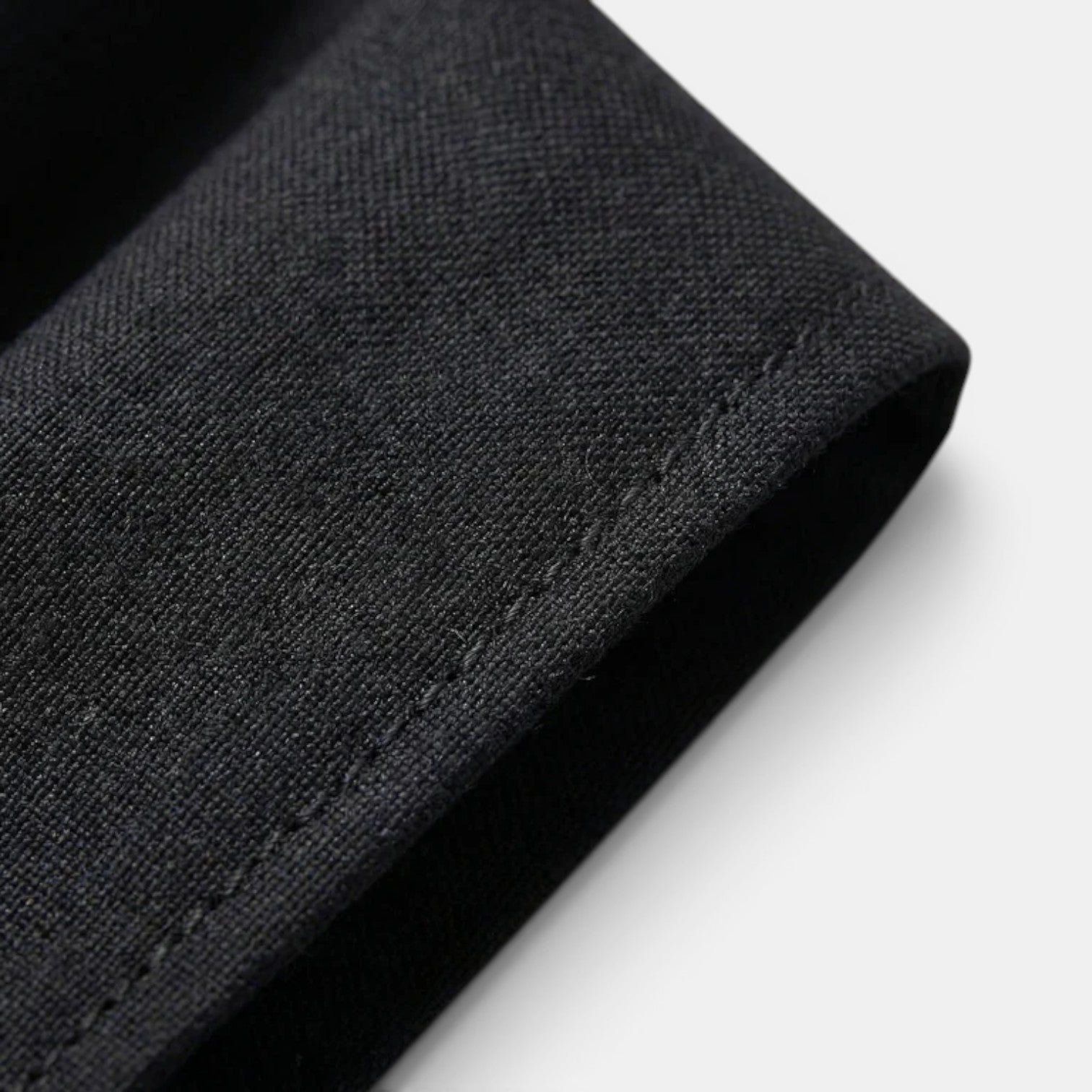 Close-up of black suit fabric showcasing fine texture and tailored stitching detail.