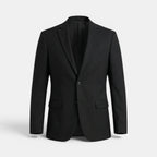 Men's black single-breasted suit jacket with notch lapels and flap pockets.