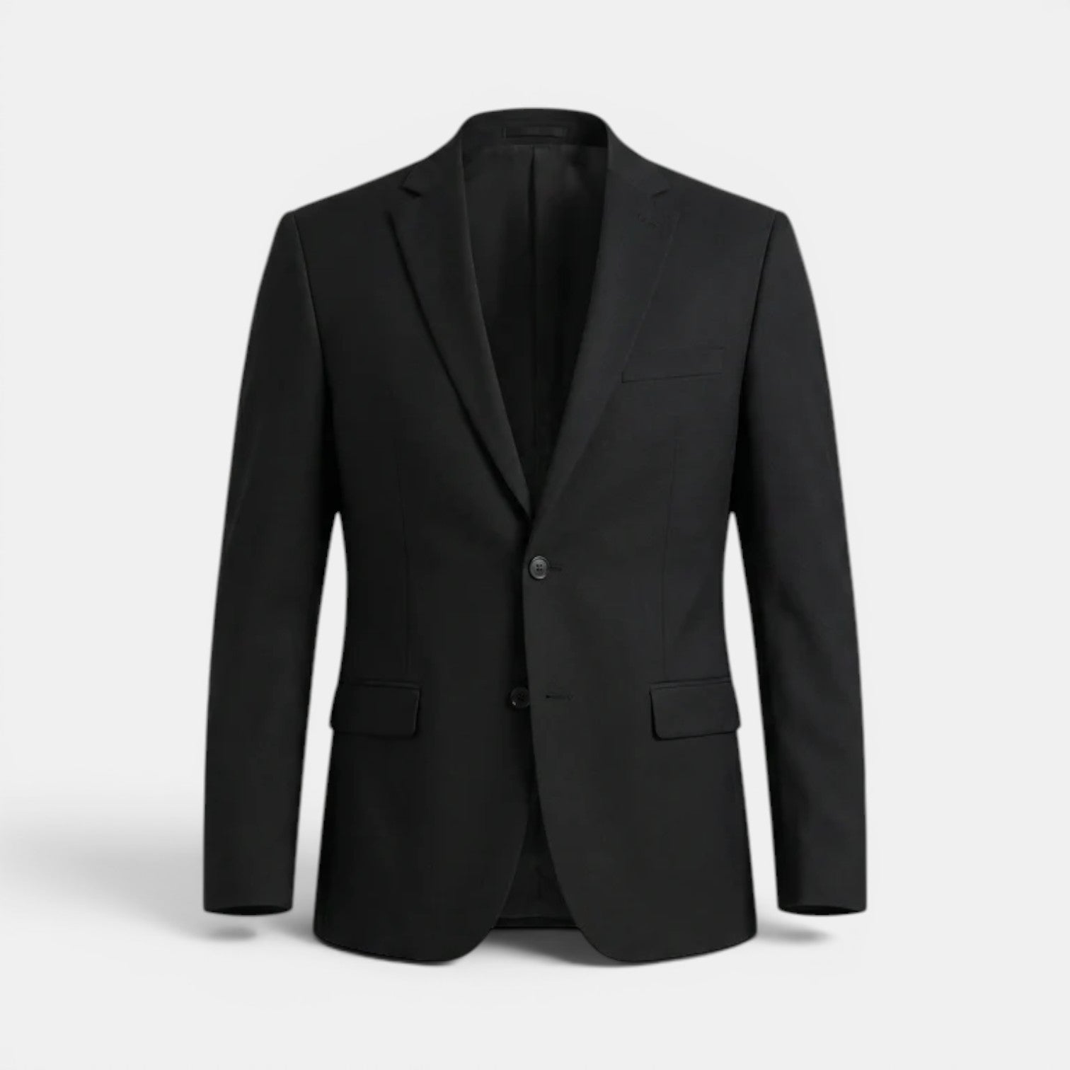 Men's black single-breasted suit jacket with notch lapels and flap pockets.