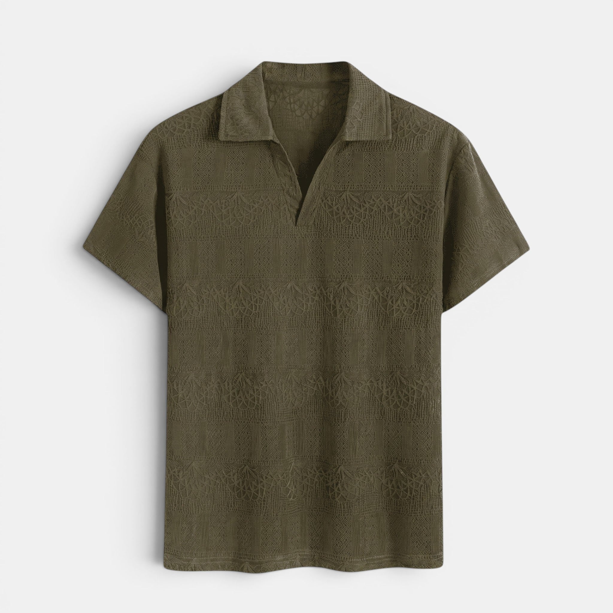 Olive green short-sleeve textured knit polo shirt with an open collar, displayed against a light gray background.