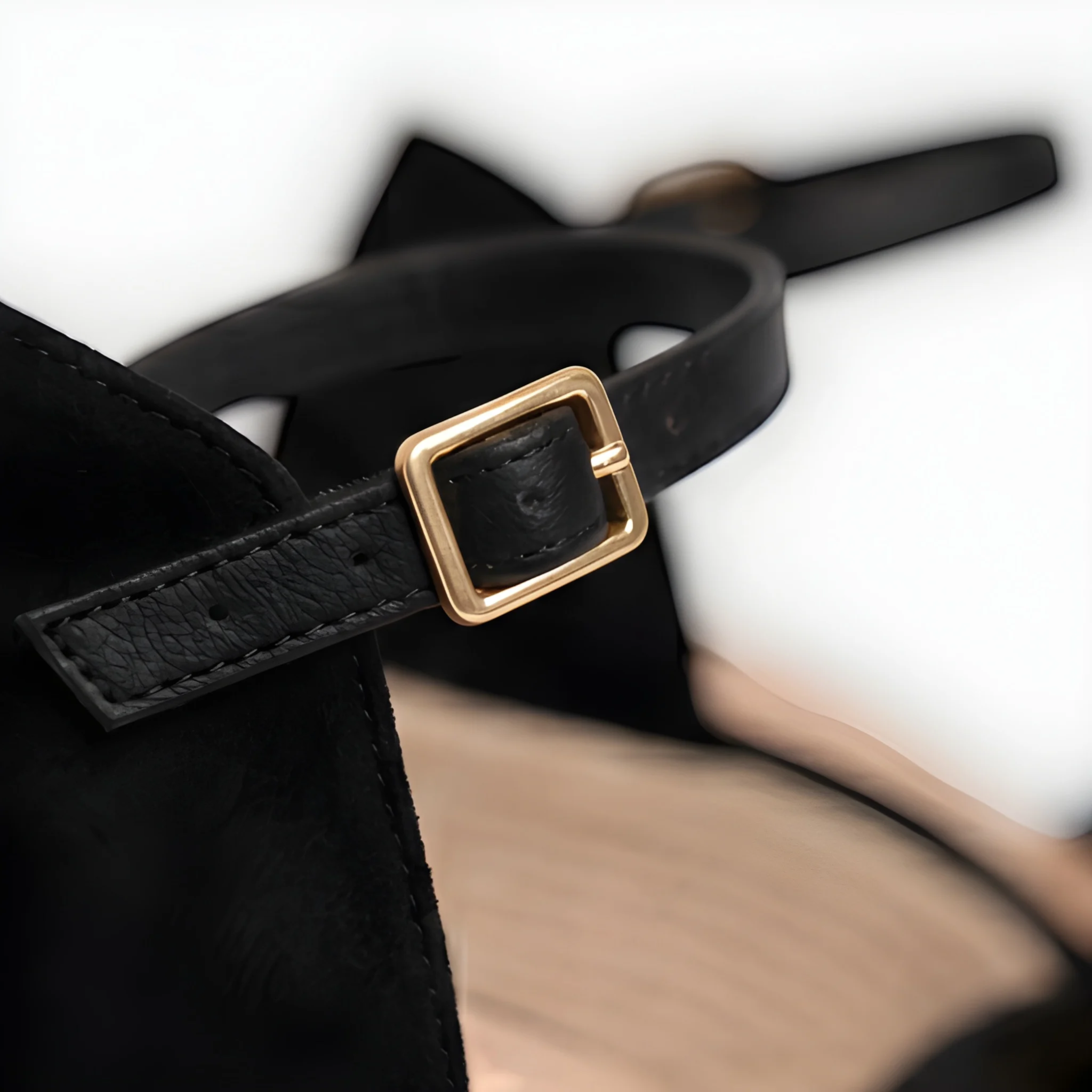 Black leather belt with a gold buckle on a white background