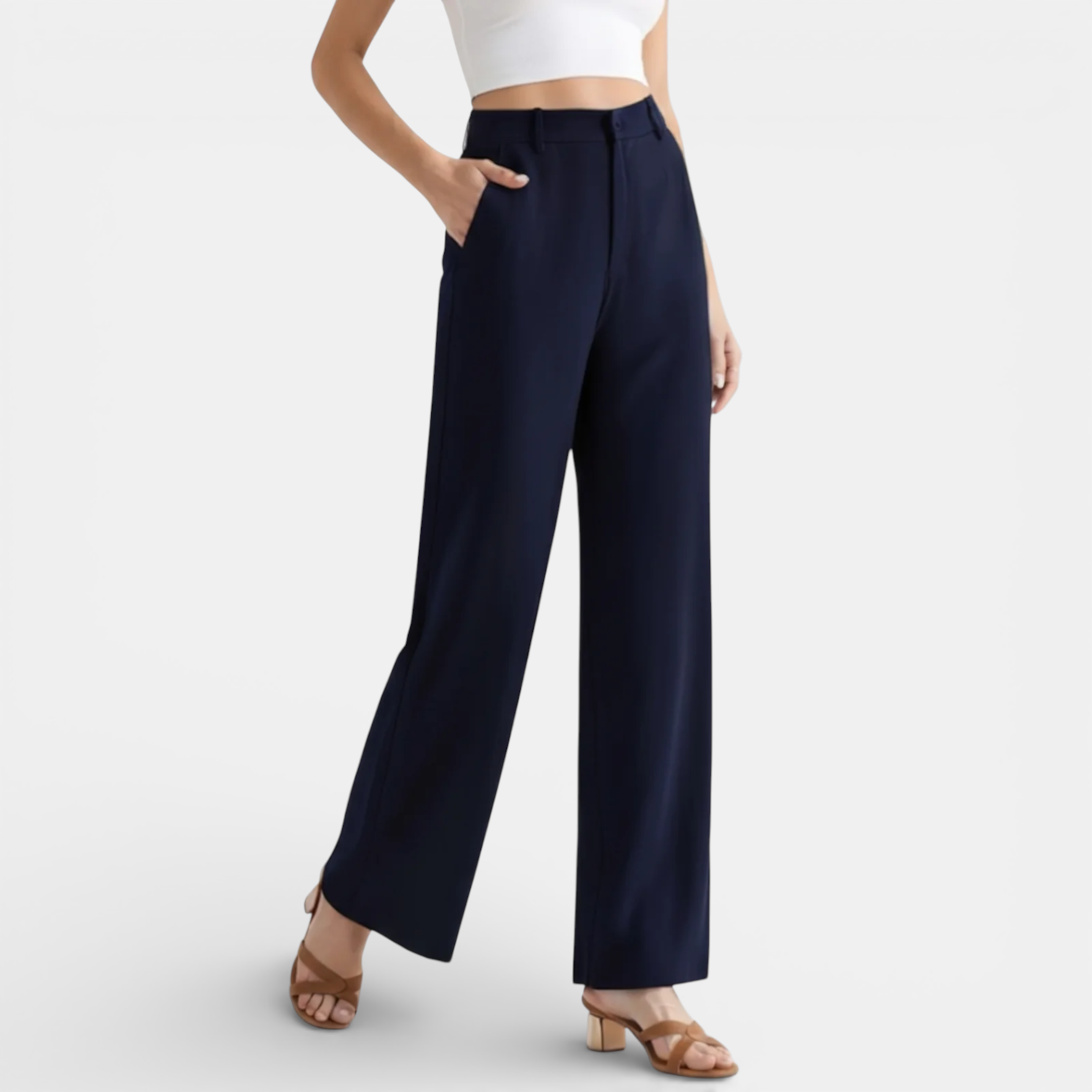 Navy wide-leg pants worn by a person on a light gray background