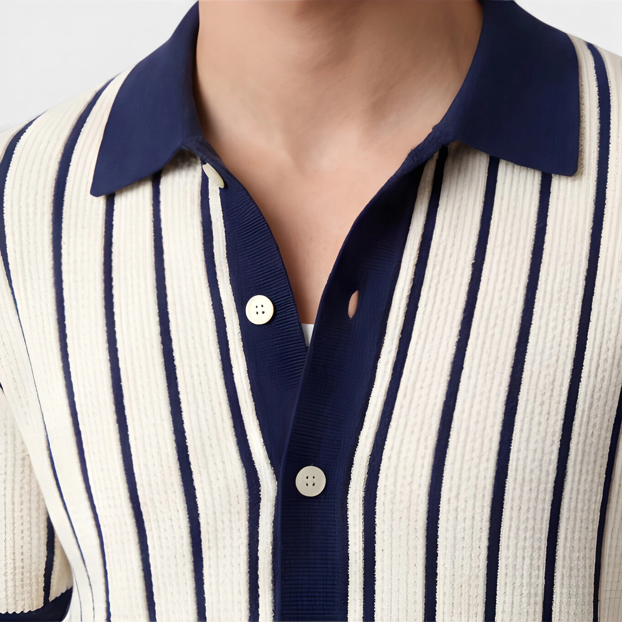 Close-up of a person wearing a navy and white striped shirt with a collar.