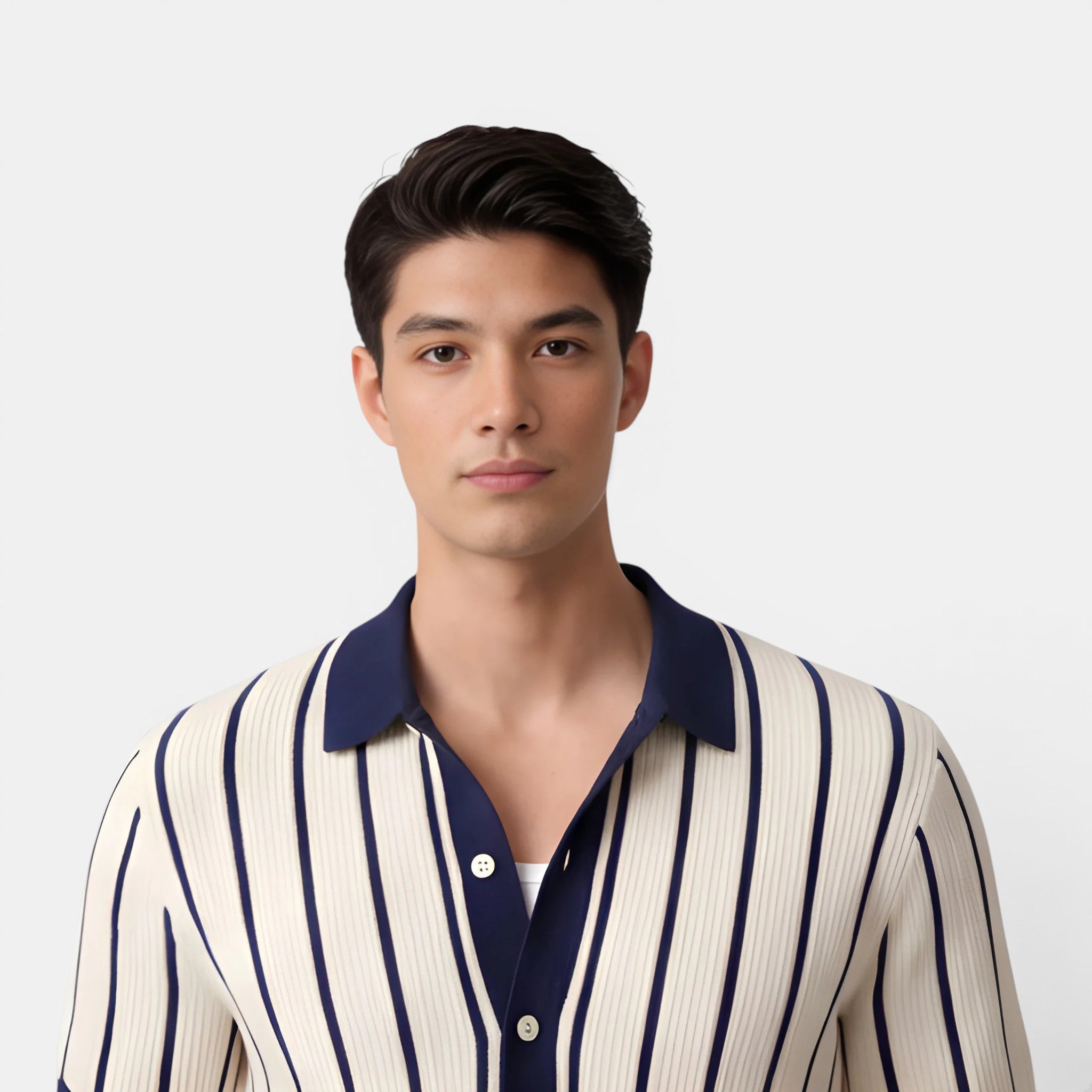 Man wearing a striped shirt with a white background