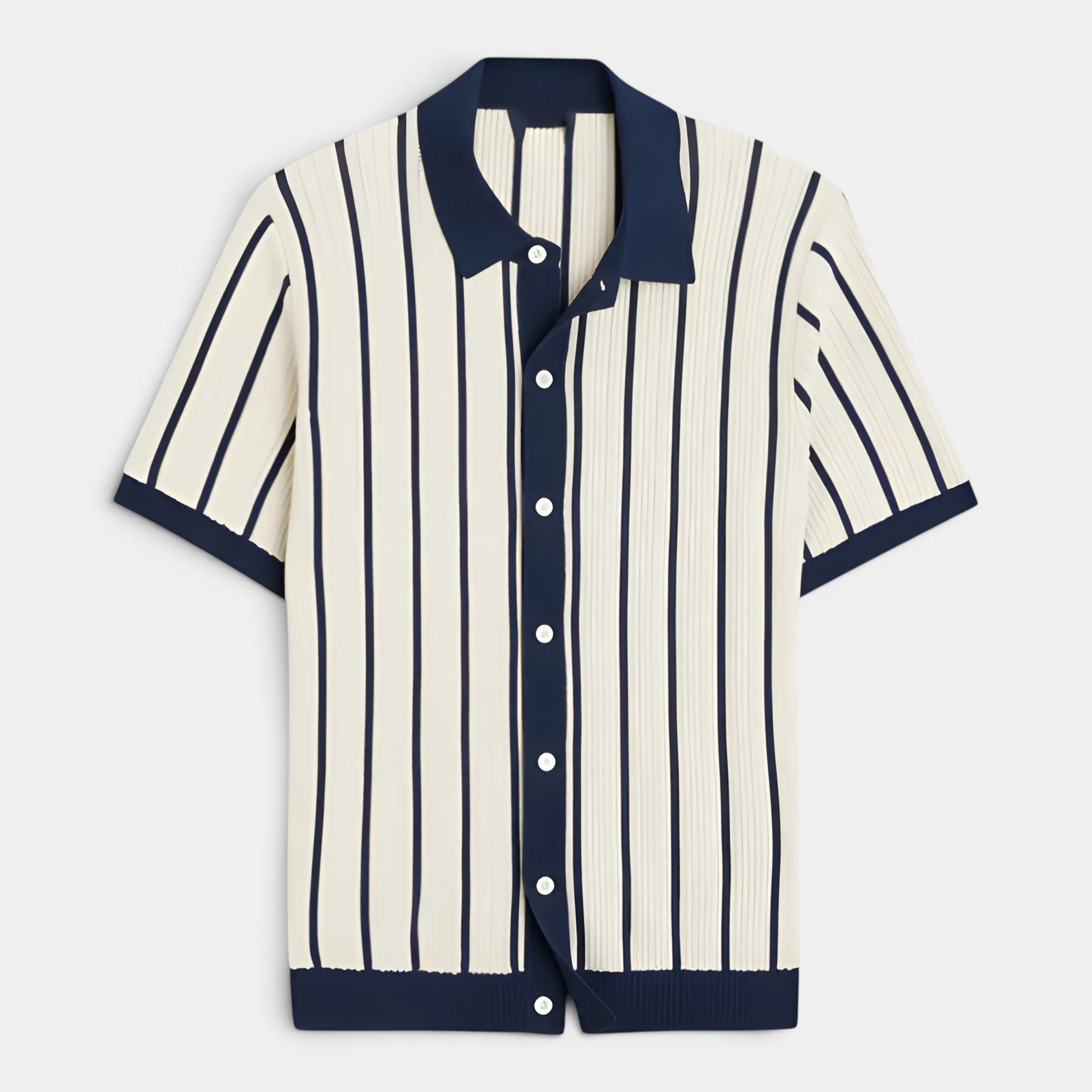 Striped shirt with navy and white colors on a light gray background